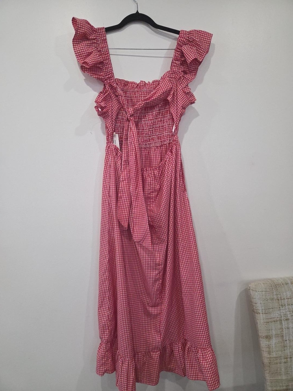 Pink Gingham Smocked Midi Dress with Ruffle Straps - Picture 3 of 5